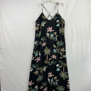 Old Navy Maxi Slip Dress Medium Black Tropical Lion Palm Tree Spaghetti Strap